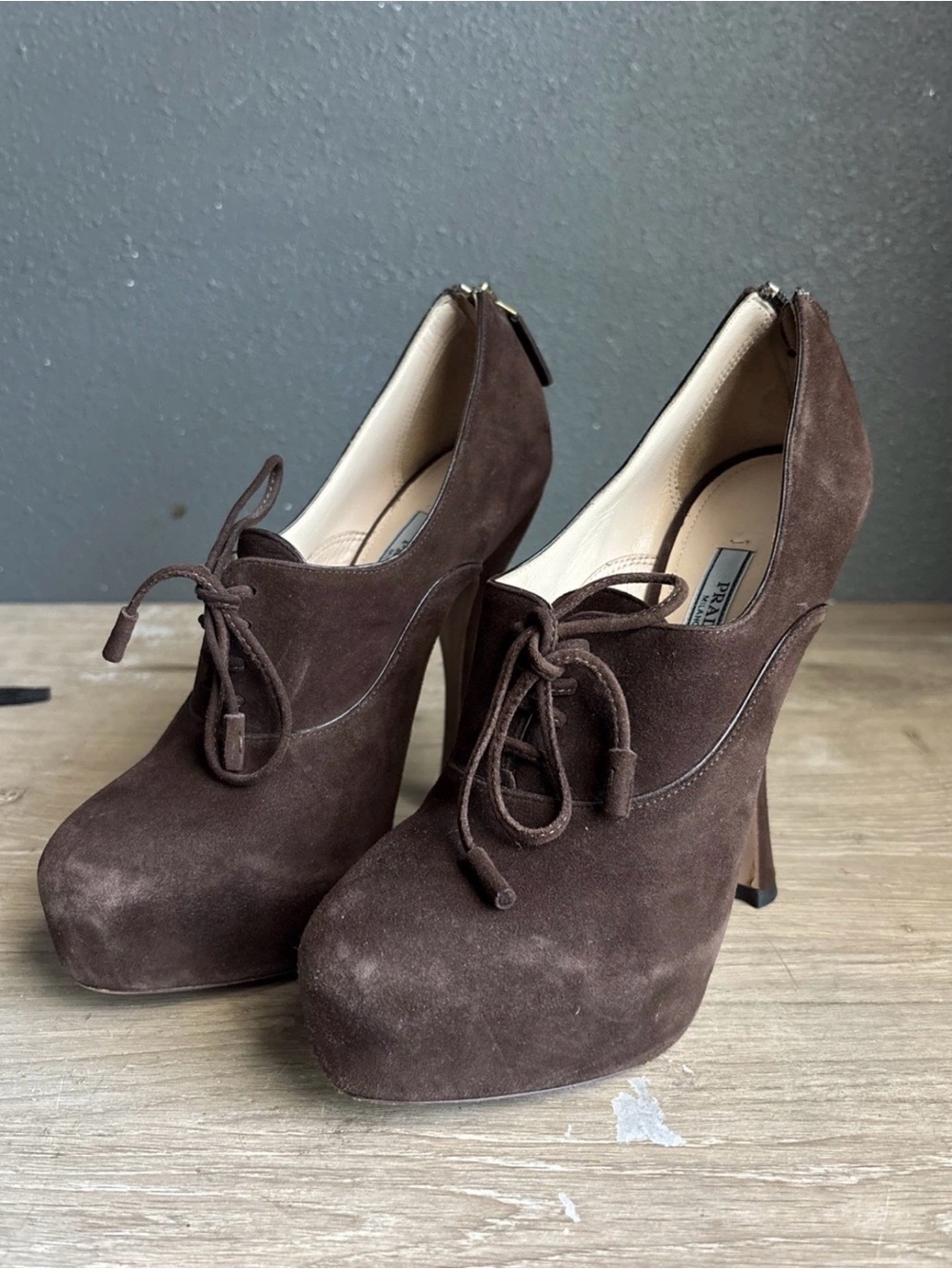 Prada Women’s Ankle heel size 37.5 Calzature Donna suede Camoscio brown